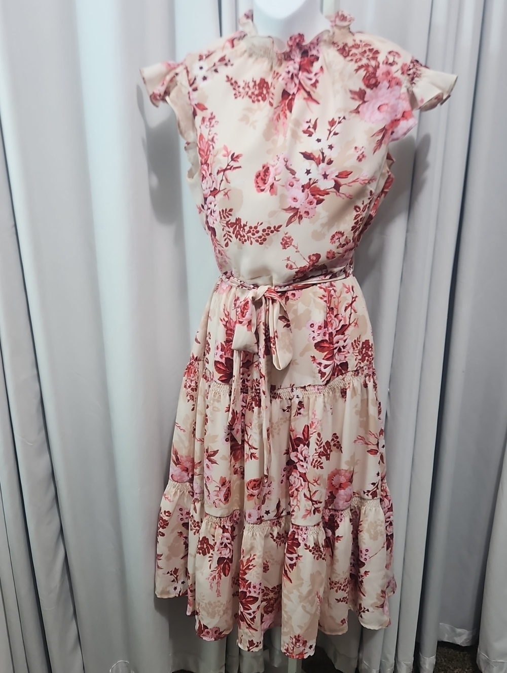 Alex Marie Floral Ruffle Neck Tie Waist Midi Dress Size 6